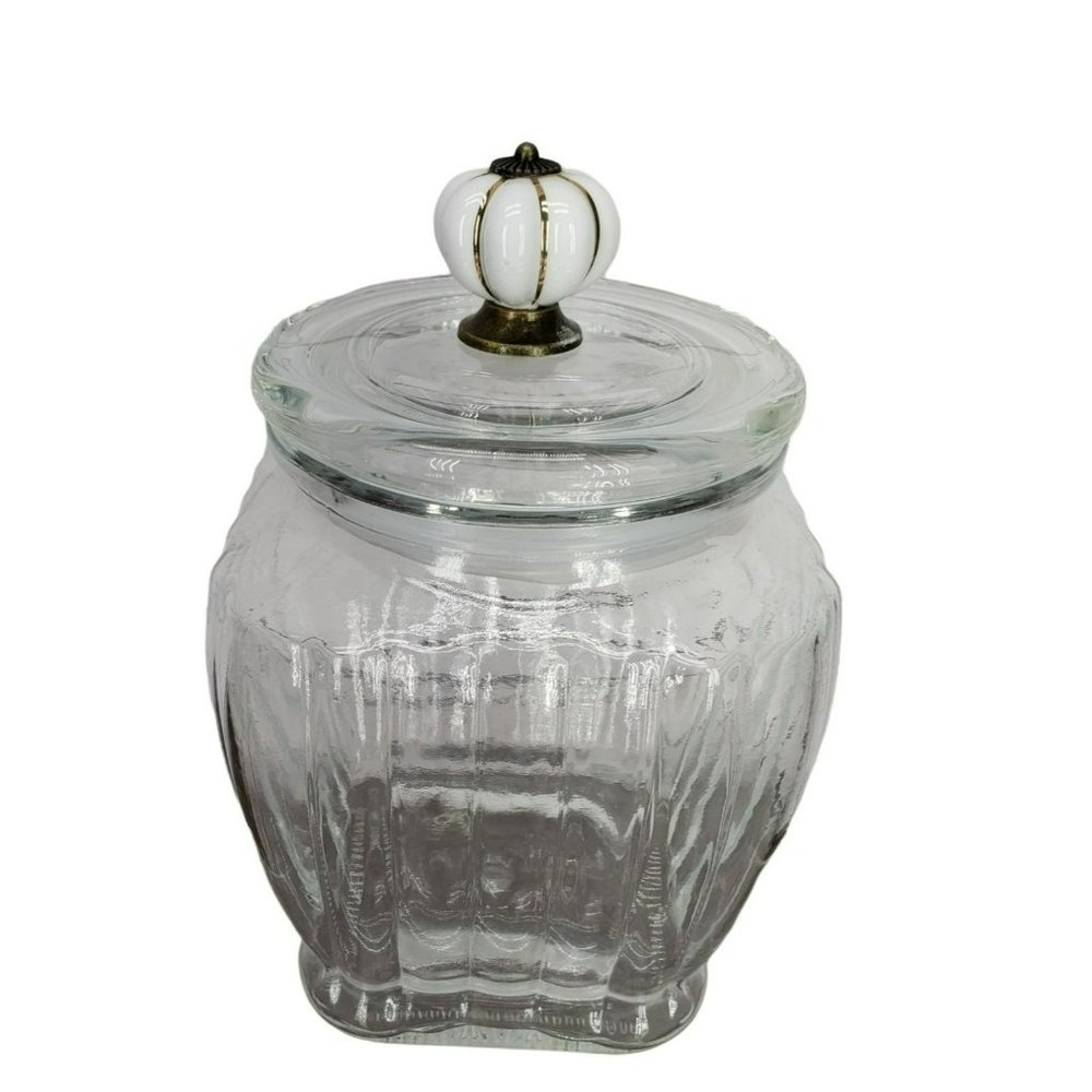 Vintage Ribbed Glass Candy Dish Porcelain Brass Knob Lid